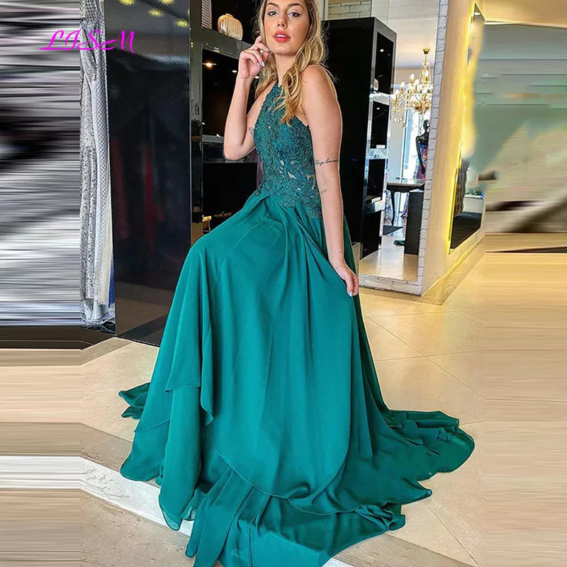 Купи Halter Neck Open Back Green Lace Long Prom Dresses Chiffon Formal Graduation Evening Dress Sexy Backless Formal Gowns за 4,998 рублей в магазине AliExpress