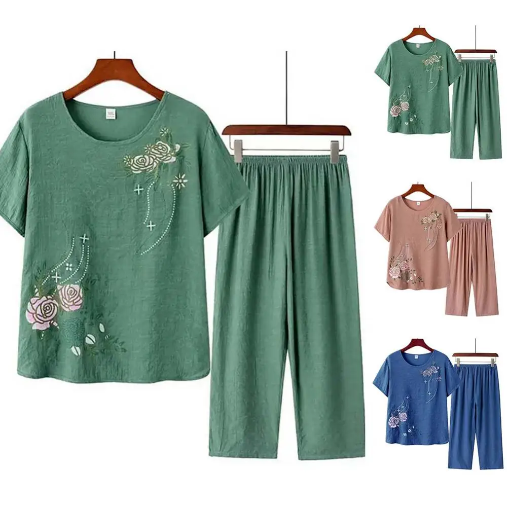 

Middle-aged and Elderly Women Summer Short Sleeve Floral Print Loose Cotton Linen T-shirt Top Wide-leg Pant 2PCS Set Mother suit