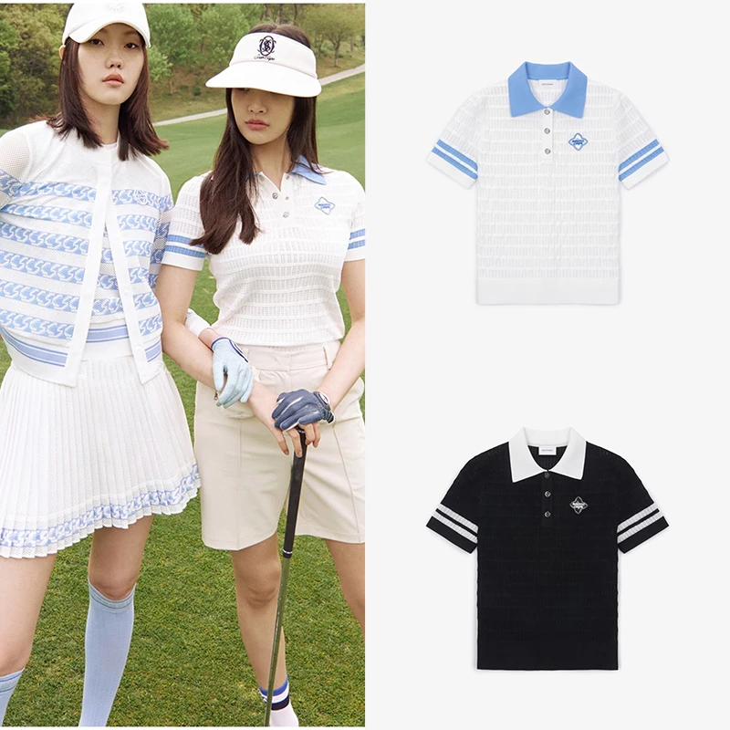 

23 New Korean Golf Clothes Women's Summer Logo Lapel Color Matching Top Casual Breathable Knitted Short Sleeve
