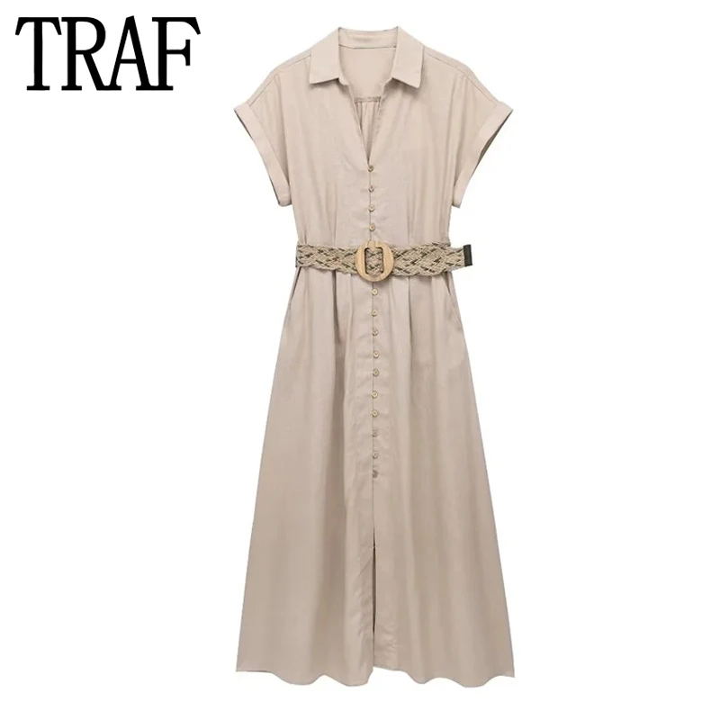 

Платье-рубашка с поясом TRAF, женские длинные платья с коротким рукавом для женщин, шикарное и элегантное женское платье, Летние Повседневные платья-миди, 2023