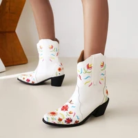 wedge middle western boot women shoes thick heels pointed toe flower embroidery womens boot spring autumn 2022 large size 40 46