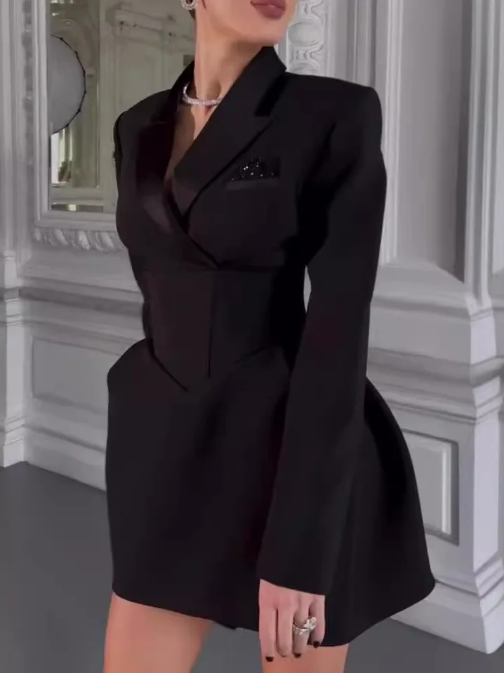 Wein Woman Lady Женский повседневный универсальный однотонный темпераментный костюм для поездок на работу с французскими лацканами на талии с завязкой на талии Маленький внешний костюм (art.: 3920d34603c67) - 3920d34603c67