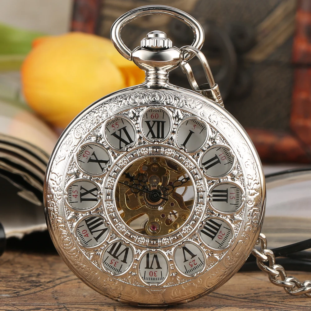 Hollow 12 Circles Roman Numerals Display Silver Mechanical Pocket Watch Exquisite Manual Mechanism Fob Pendant Pocket Clock Men