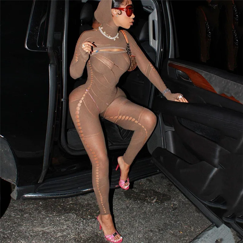 2023 Spring Women's New Sexy Hollow Perspective Hooded High Waist Skinny Knitted Jumpsuit Women's Skinny Sexy Jumpsuit