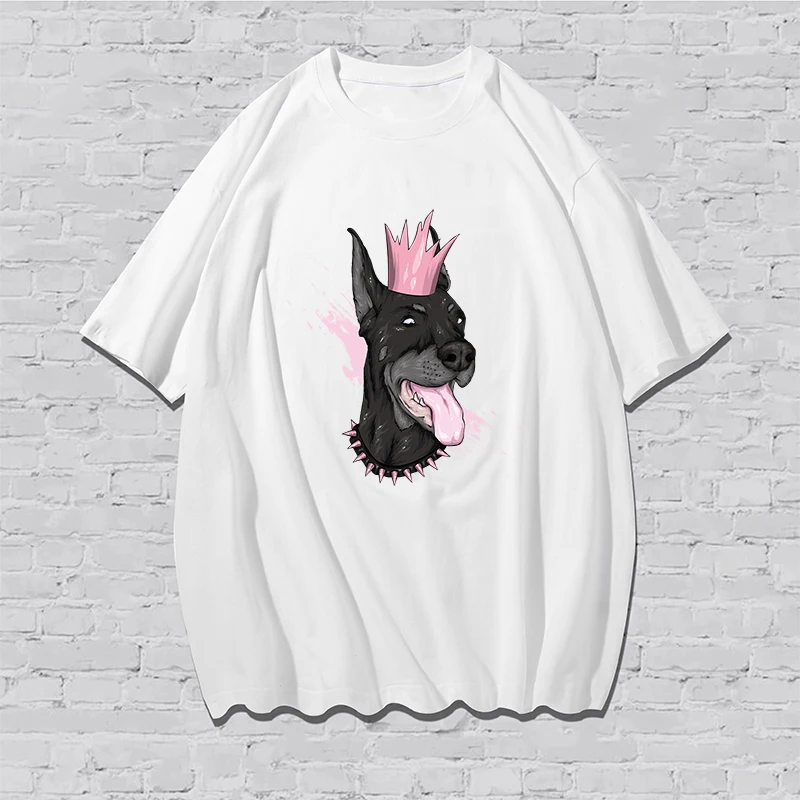 

Хлопковая футболка с круглым вырезом для мужчин и женщин, Повседневная Свободная летняя футболка с принтом розовой короны, собаки, кота, фут...