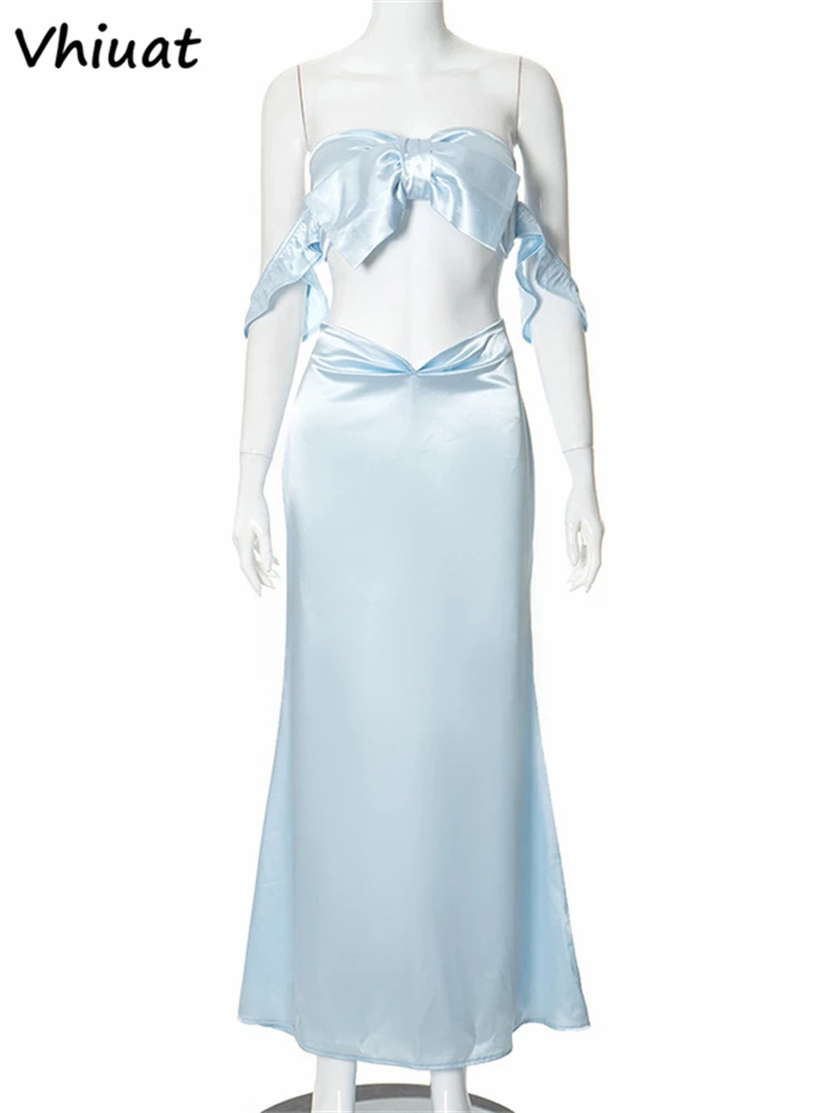 Женский атласный комплект из 2 предметов Vhiuat элегантный укороченный топ и юбка с