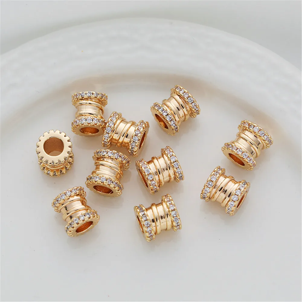 

14K gold-clad recessed beads inlaid zircon transfer beads 7mm large hole I-shaped barrel beads DIY jewelry loose beads