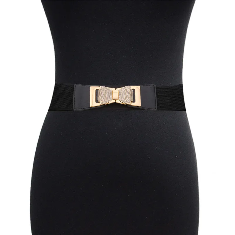 

Ladies Elastic Waistband Fashion Wide Girdle Korean Dress Rhinestone Bow Belt Buckle Black Belts For Women