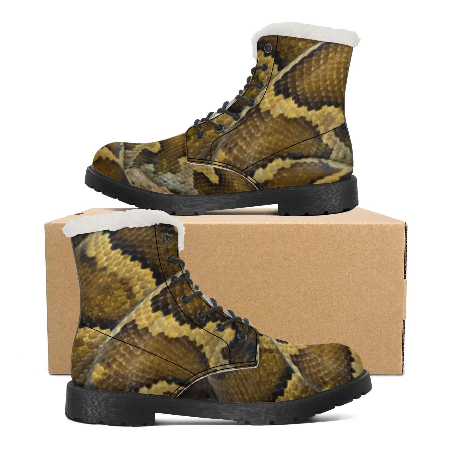 Фото Настраиваемые плюшевые ботинки с узором под кожу змеи, теплая молодежная обувь, повседневные популярные ботинки средней длины для мужчин и женщин на зиму. №5