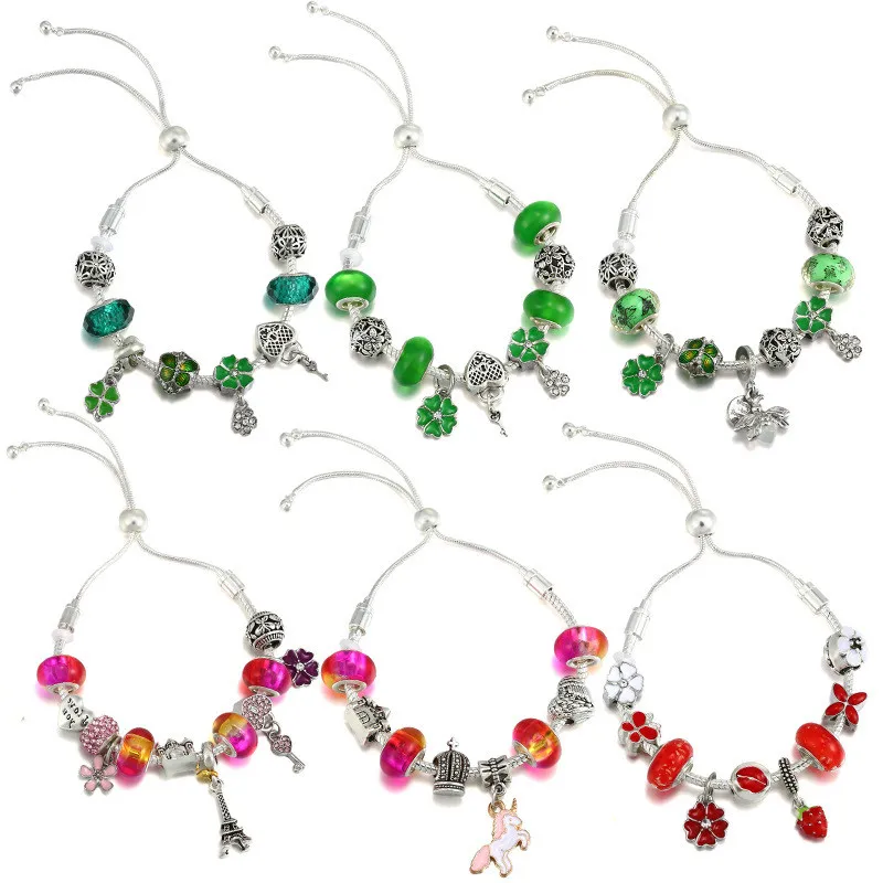 Pan Brand Adjustable Pulsera Men DIY Pink Green Glass Beads Enamel Heart Lock Key Pony Clover Charms Bracelet For Women Berloque