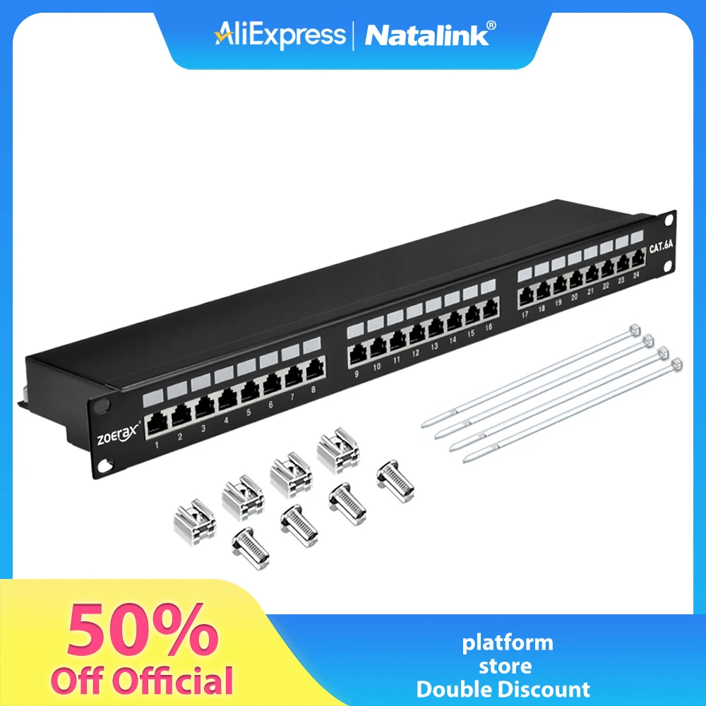 Фото Natalink 24-портовая экранированная патч-панель CAT6A RJ45 CAT6A CAT6 CAT5E CAT5 Сетевой встроенный кабельный органайзер 1U 19-дюймовая патч-панель №1