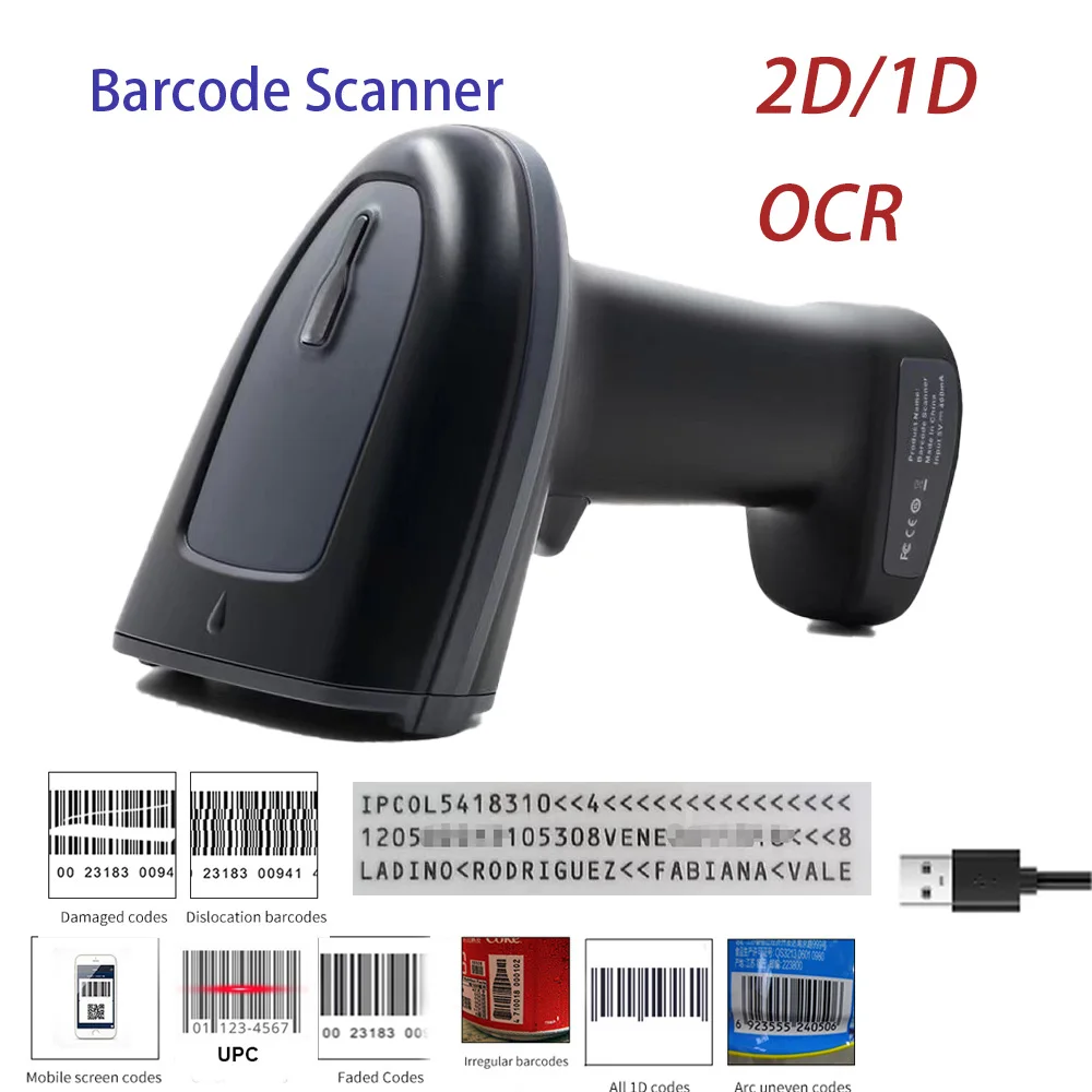 2D/1D OCR Barcode Scanner Handheld Portable Wired USB Reader PDF417 Data Matrix Reading for Retail Store /Passport Identity Card