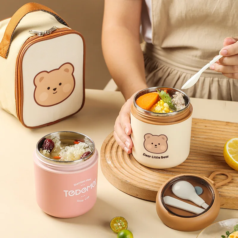 

Cute 304 Stainless Steel Vacuum Thermal Lunch Box Leak Proof Bento Breakfast Soup Cup Insulated Lunch Bag Food Warmer Containers