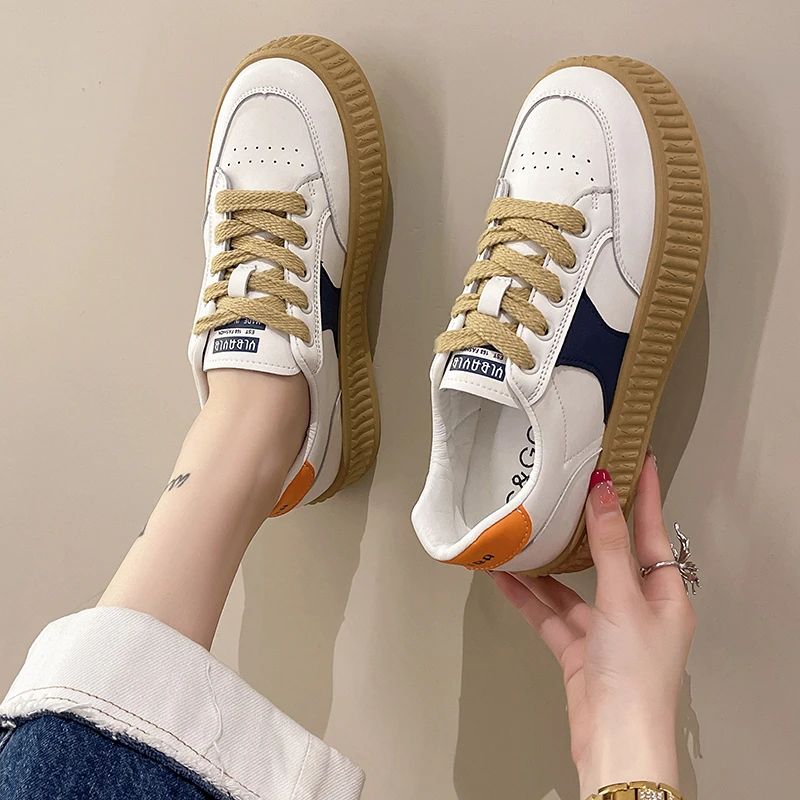 

Spring Fashion Thick Sole Shoes Women Genuine Pu Flat Shoes Lady Lace Up Round Toe Platform Shoes Casual Sneakers Shoes Woman