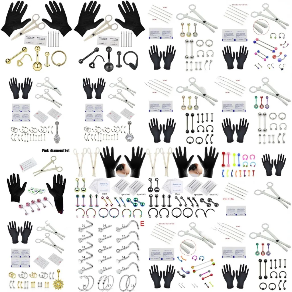 

50styles 1set New Tongue Eyebrow Nose Belly Button Body Jewelry Piercing Rings Clamp Gloves Needles Tool Kit Ear Plug Prong Stud