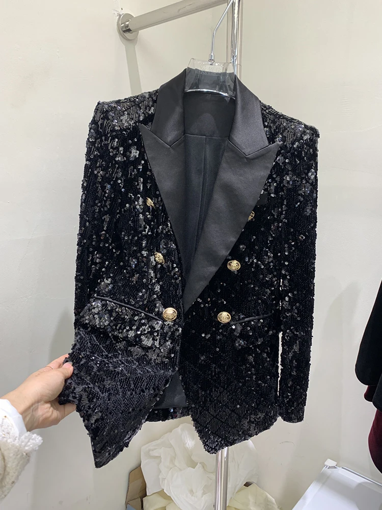 

HIGH STREET 2022 Newest Designer Blazer Women's Satin Collar Double Breasted Glitter Sequined Blazer Jacket