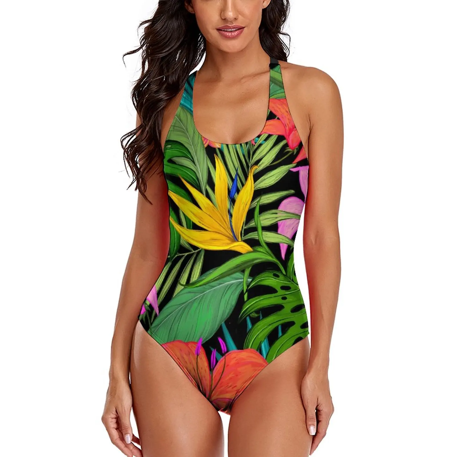 

Colorful Plant Swimsuit Hawai Tropical Swimwear One Piece Swimsuits Women Push Up Sexy Retro Beachwear
