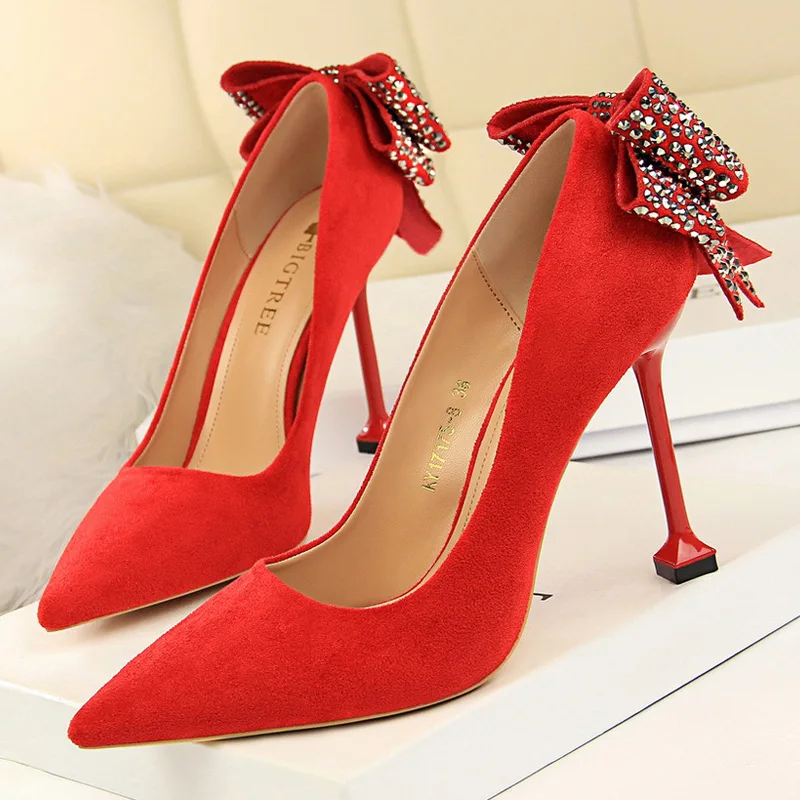 

New Shoes Suede High Heels Bow-knot Pumps Women Shoes Rhinestone Women Heels Stiletto Red Wedding Shoes Women Basic Pump