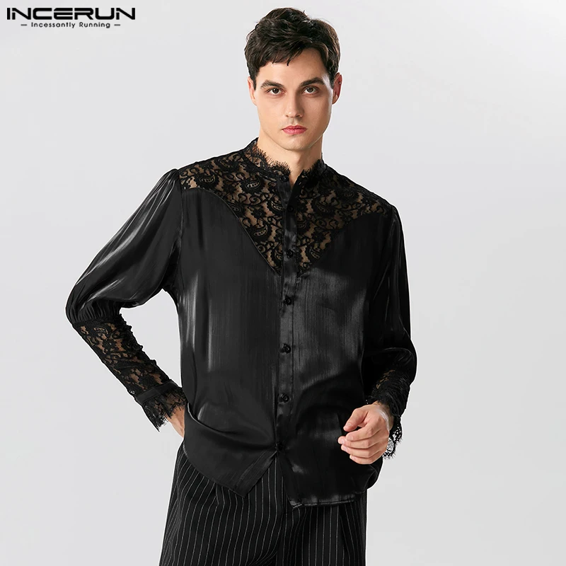 

INCERUN Men Shirt Lace Patchwork Long Sleeve Stand Collar Sexy Transparent Men Clothing Streetwear 2023 Fashion Camisas S-5XL