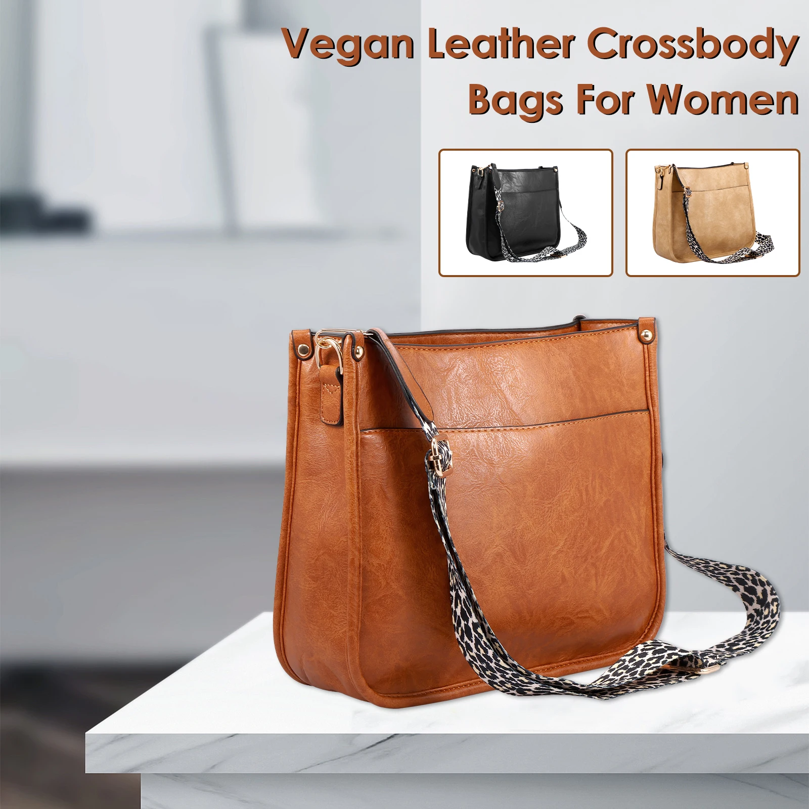 

Leather Crossbody Bag Fashion Women Trendy Shoulder Bag with Leopard Print Wide Guitar Strap Large Capacity Female Travel