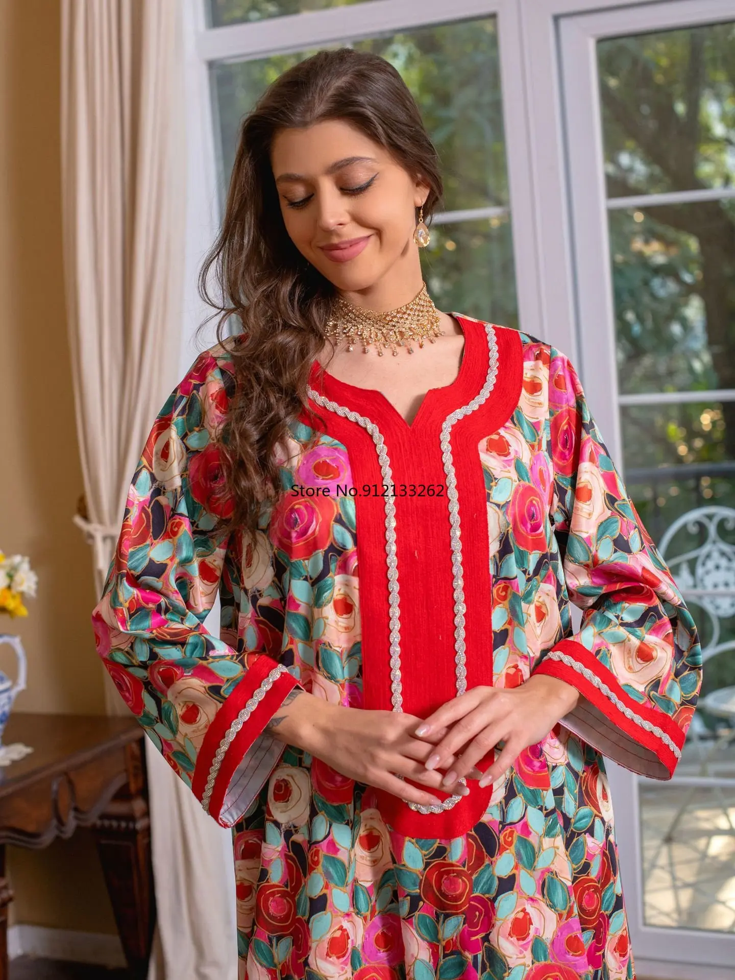 

Abayas For Women Vintage Ethnic Print Long Dresses V-Neck Colourful Diamonds Robe Ramadan Arab Dresses Dubai And Turkish