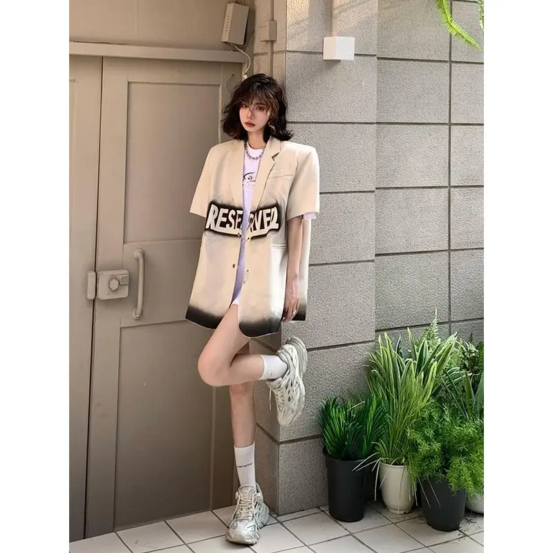 Short Sleeves Blazer Women Casual Letter Print Loose Jacket Spring Summer Coat Korean Fashion Tops Luxury Designer Clothing