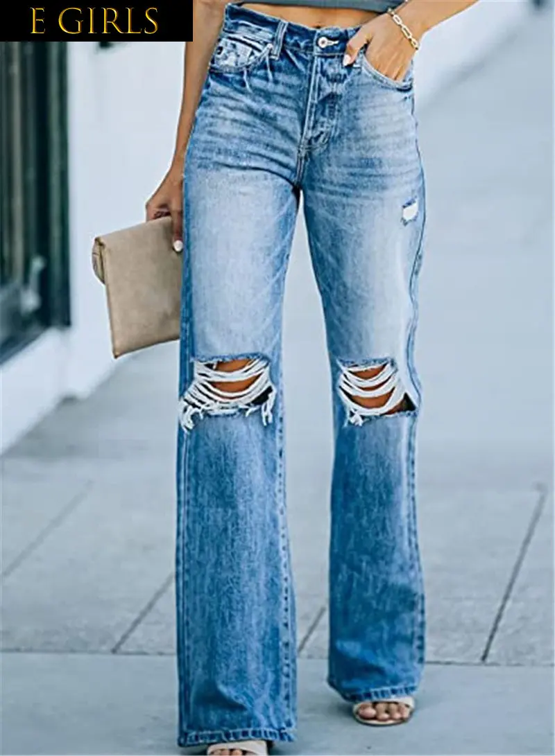 

E GIRLS High Waist New Retro Ripped Wide Leg Pants Straight Leg Jeans Hollow-out Flared Pants Loose Casual Women's Street Pants