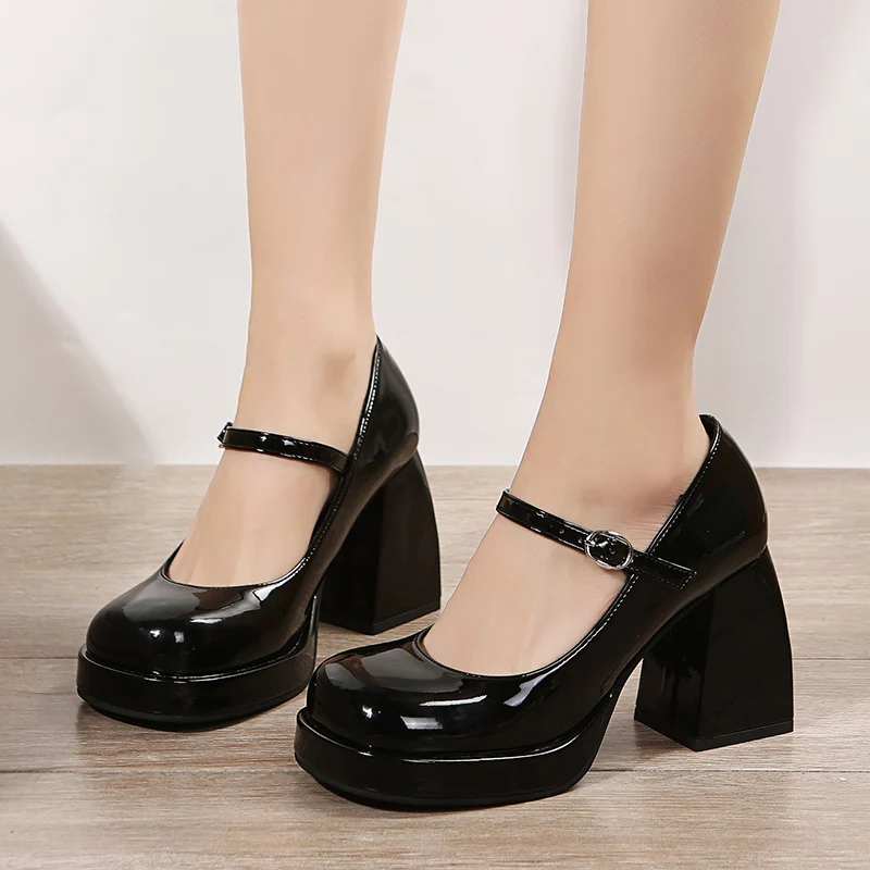 

Patent Leather Platform Pumps for Women Elegant Square Heels Mary Jane Shoes Ladies Ankle Buckle High Heels Shoes Spring Autumn