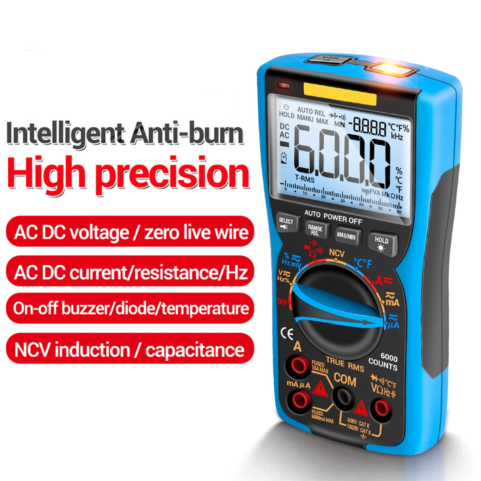 

Digital Multimeter AC/DC Ammeter Volt Ohm Tester Meter Profession 6000 Counts True RMS Analog Tester LCD Backlight Display