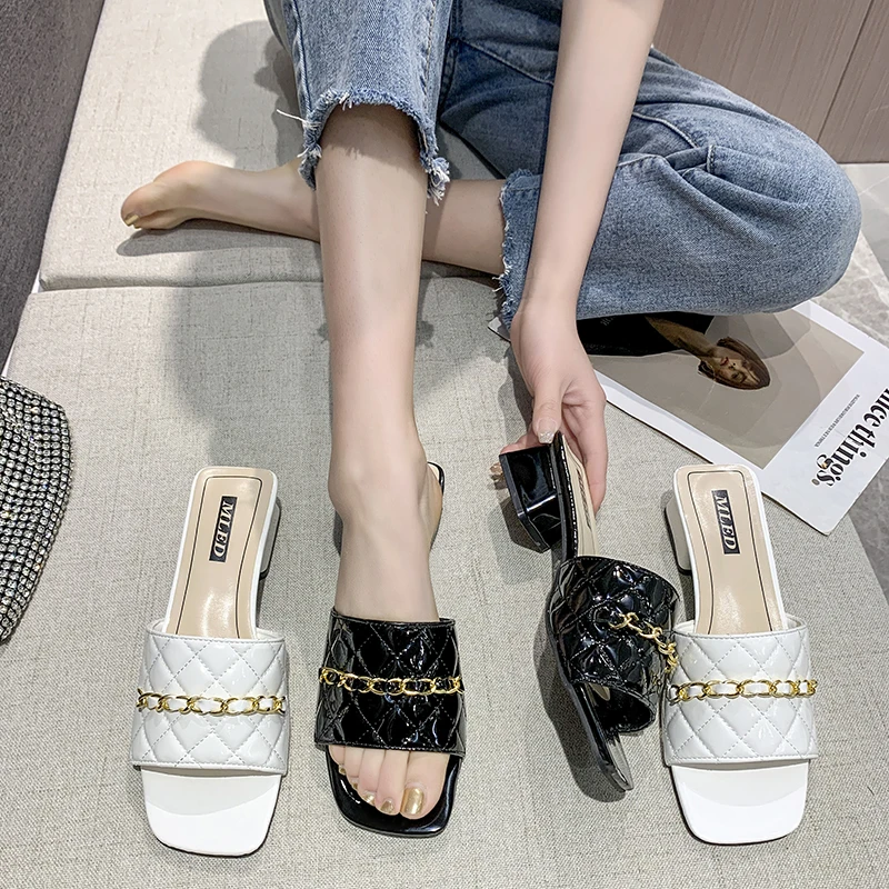 

Сланцы женские на квадратном каблуке, роскошные дизайнерские Мягкие Шлепанцы средней высоты, квадратный носок, модные римские тапочки из и...