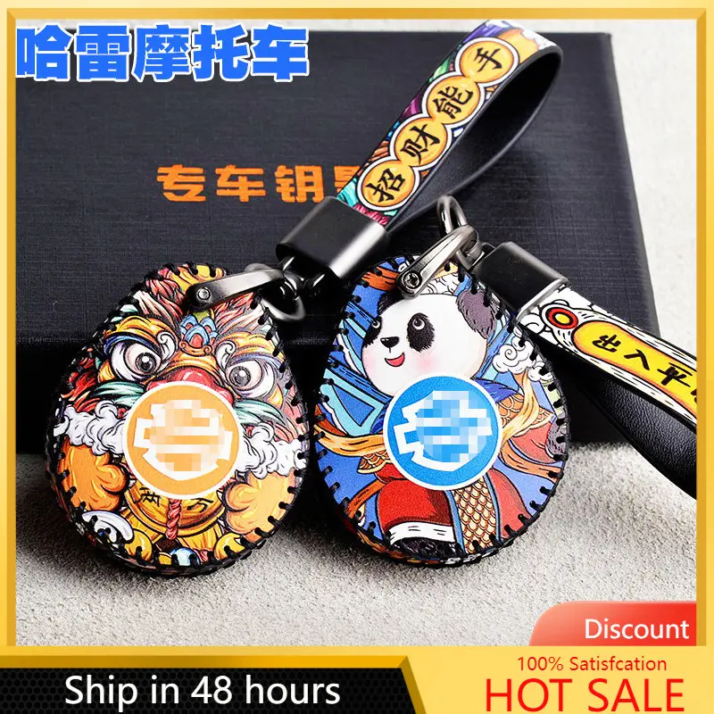 Voor Harley 883 X48 1200 Hoge Kwaliteit 100% Leer Leuke Moto Key Cover Case Set Chinese Stijl Panda Cartoon Motorfiets key Case