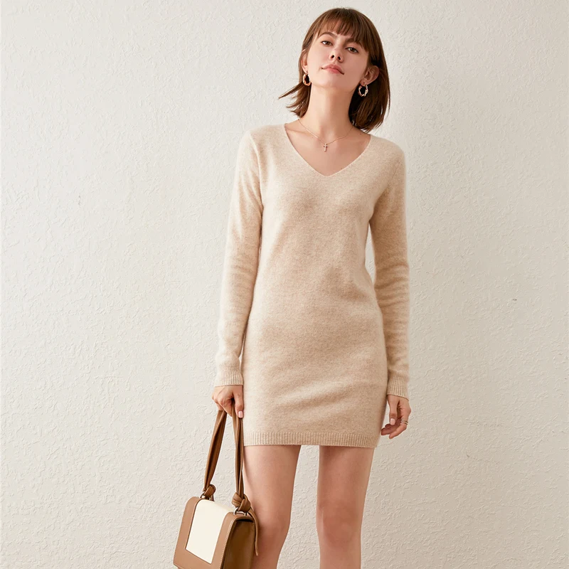 

Autumn and Winter 2022 New Mid length Women's V-neck Sweater Knitted Skirt Slim Pullover Knitted Dress Mini Dress