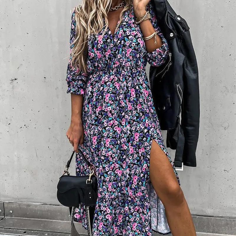 

2021 Fall V Neck Dress Women Casual Elegant Long Sleeve Split Long Floral Print Dress Female Boho Maxi Party Vestidos Clothing