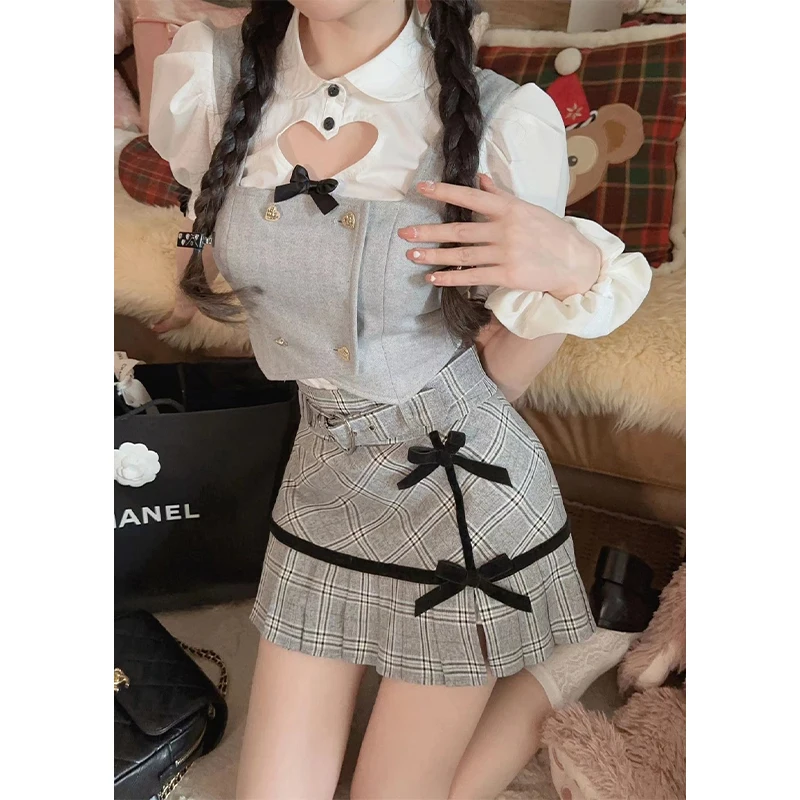 

Summer Lolita Cute Plaid Skirt Suit Female Korean Sweet Kawaii Two-piece Set Women Puff Sleeve Blouse + Short Mini Skirt 2023