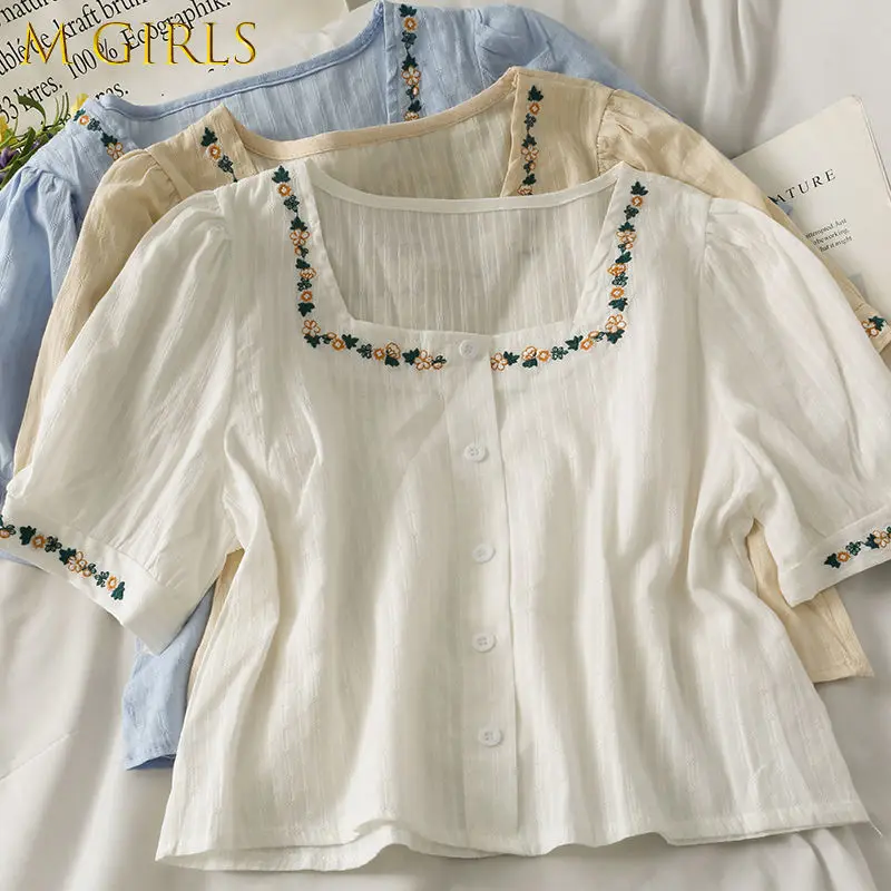 

M GIRLS Shirts Women Summer Cropped Embroidery Floral Girls Kawaii Square Collar Harajuku Tops Ins New Arrival Design Trendy