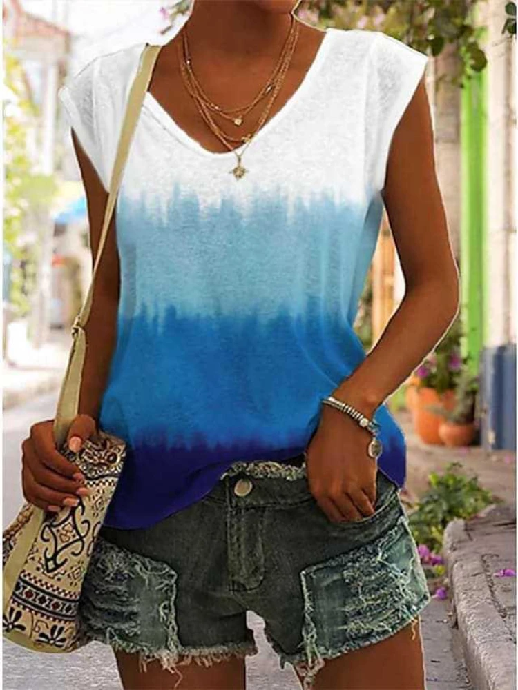 

Summer Foreign Trade Women's Sleeveless V-neck Tank Top Pattern 3D Printing Holiday Casual Basic Blusas Mujer De Moda 2023 New