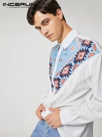 handsome well fitting new men incerun tops printing stitching tassel blouse stylish long sleeved button lapel shirts s 5xl 2022
