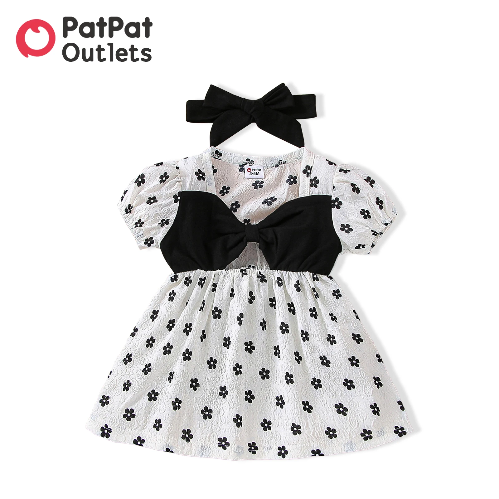 

PatPat 100% Cotton 2pcs Summer Baby Girl Clothes Allover Floral Print Puff-sleeve Bow Front Cut Out Textured Dress Headband Set
