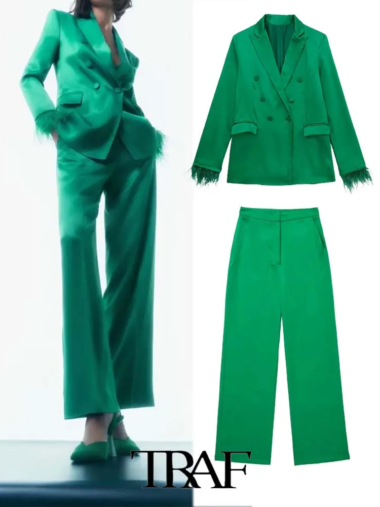 

TRAF 2022 Woman 2 Piece Set Blazer Pants Suit OL Feather Double Breasted Blazer+Wide Leg Pants Causal Outfits