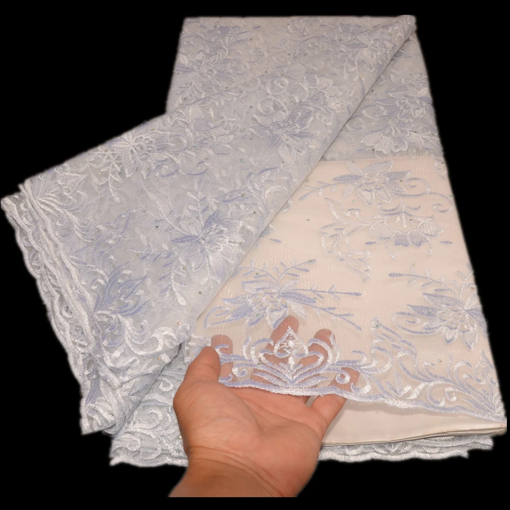 

Latest African Lace Fabric 5 Yards High Quality White French Lace Embroidery Tulle Fabrics For Dress