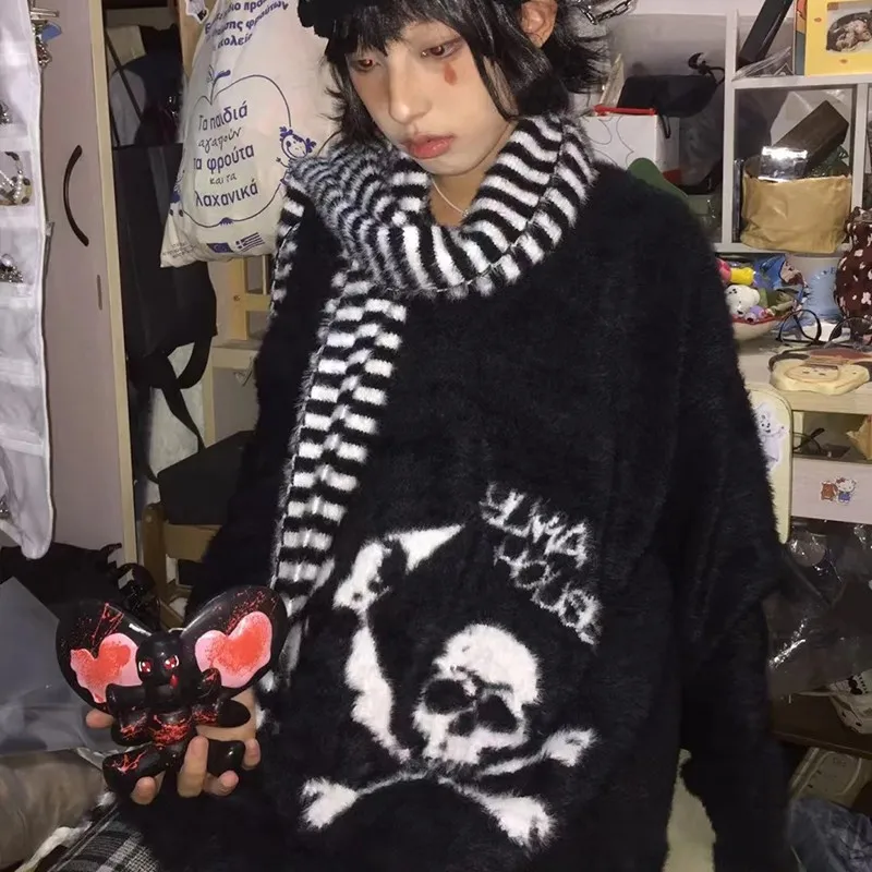 Karrram Gothic Skulls Sweater Grunge Dark Aesthetics Knitted Jumper V-neck Harajuku Loose Mohair Pullover Emo Alt Knitwear Y2k images - 6