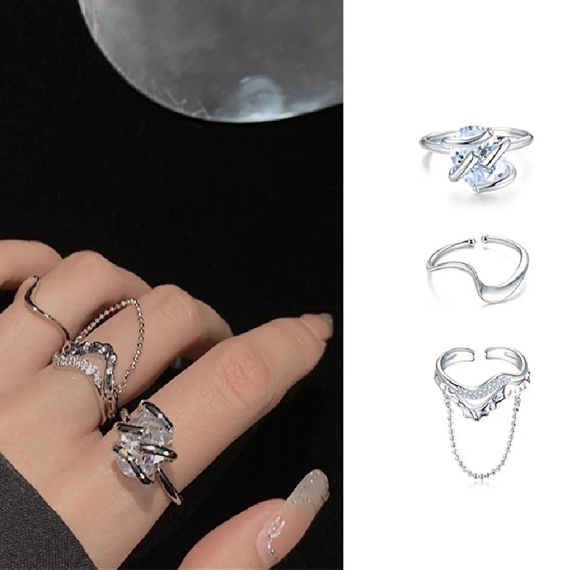 

Korean Unique Design Simple Irregular Ring Personality Special-shaped Chain Zircon Ring Set Hip Hop Hipster Jewelry Accessories