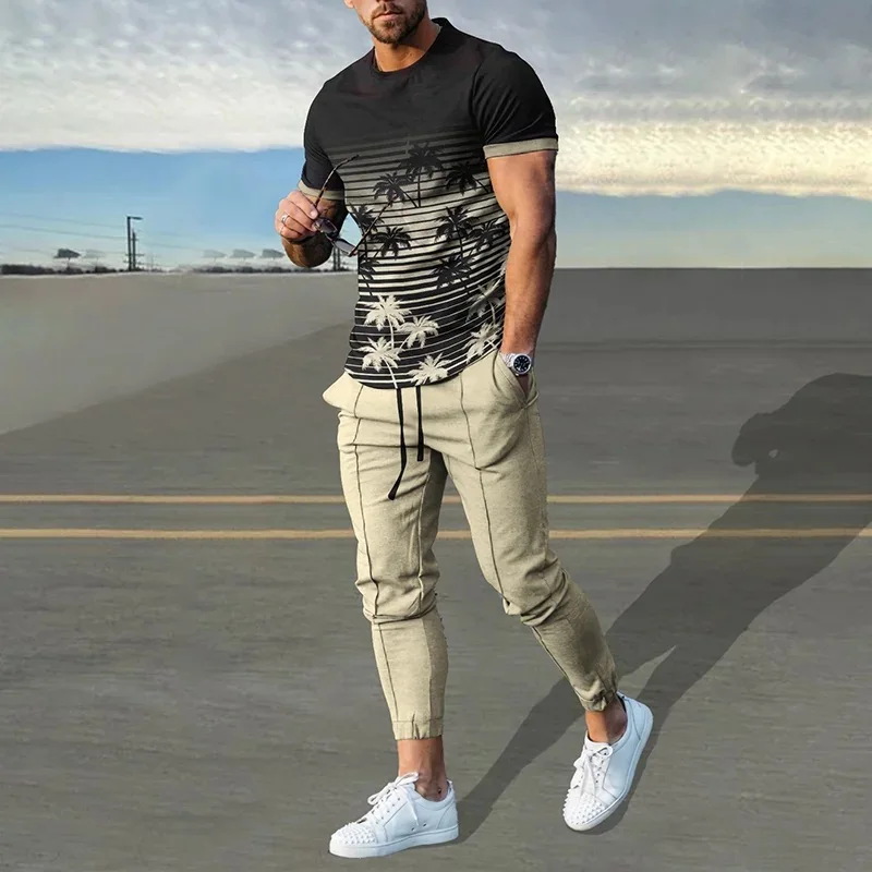

Hawaii Men's T-shirt Pants Tracksuit Coconut Tree 3D Print T Shirts Trousers Set 2 Pieces Streetwear Oversized Suits Sportswear