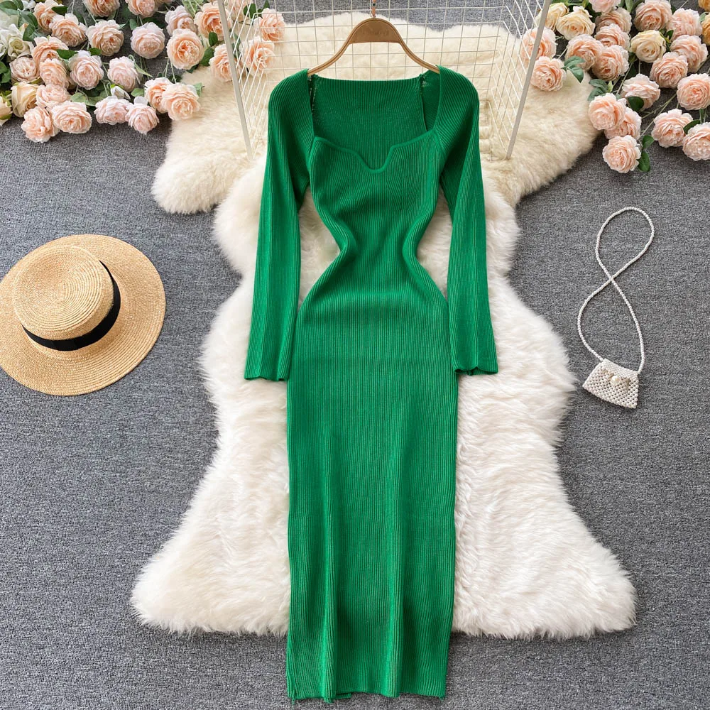 

Sexy Low Collar Expose Clavicle Tight Waist Hip Stretch Knitted Dress Women's Spring Summer Bottoming Skirt Elegant Dressy2k