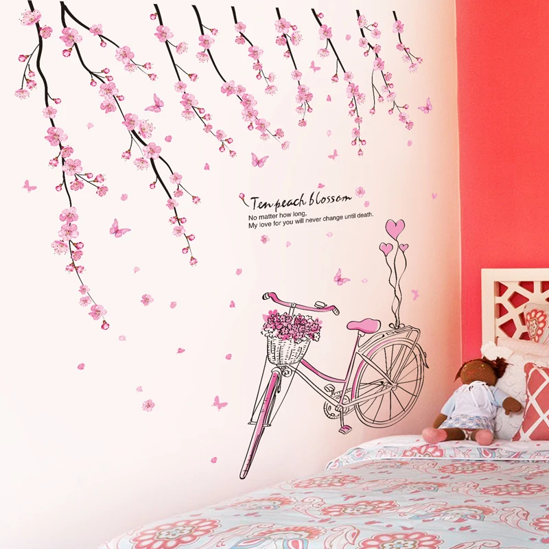 

DIY Cartoon Girl Village Stickers Pink Flowers Bicycle Wall Stickers Home Living Room Children's Bedroom Decoration Room Decor