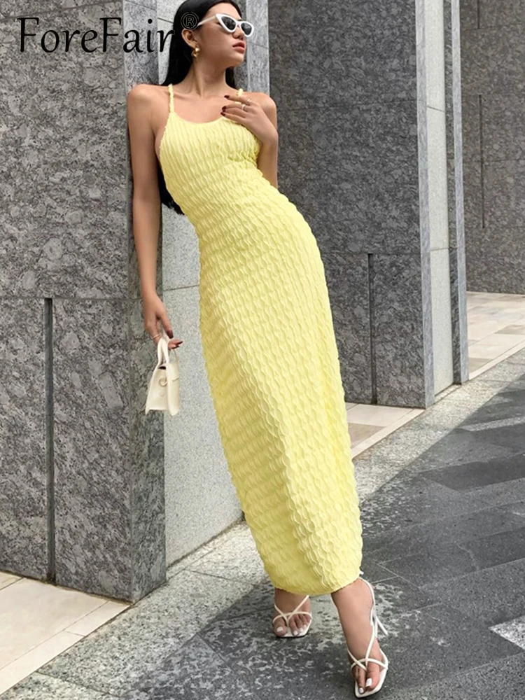 

Forefair Elegant Club Hollow Out 2022 Summer Women Bodycon Dress Sexy Yellow Sleeveless Backless Midi Beach Party Dresses