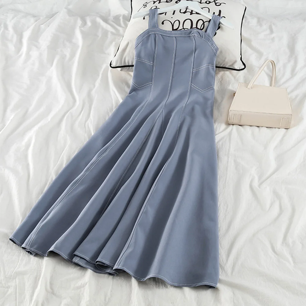 

Женское длинное платье-миди на бретельках, праздничное Синее джинсовое платье-трапеция без рукавов с завышенной талией, лето 2022