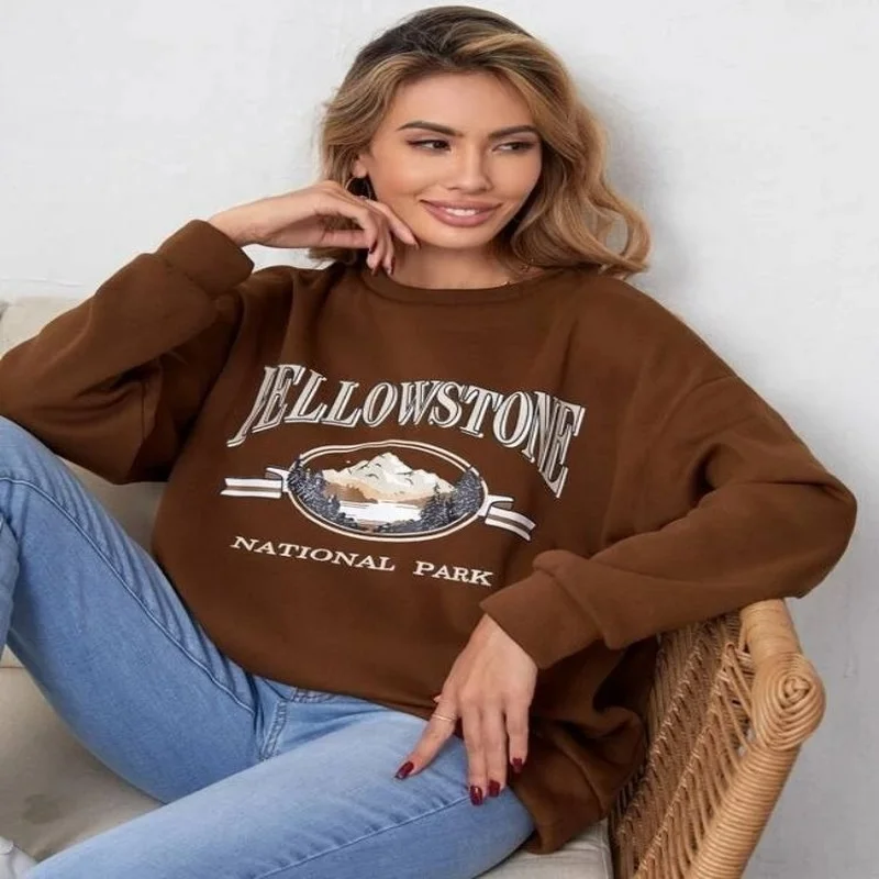 

Brown Vintage American Yellowstone Print Loose Oversized Sweatshirt Women Hoodies Long Sleeve Harajuku Autumn Pullovers Fashion
