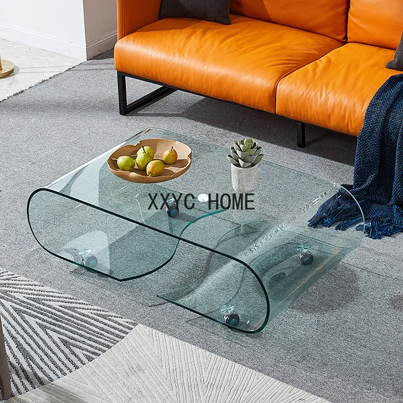 Стеклянный журнальный столик прозрачный мобильный чайный современный овальной