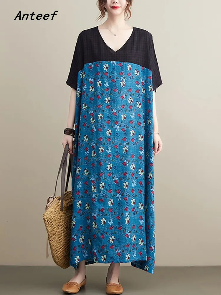 

Женское винтажное пляжное платье с коротким рукавом, Длинное свободное пляжное платье свободного покроя, 2022